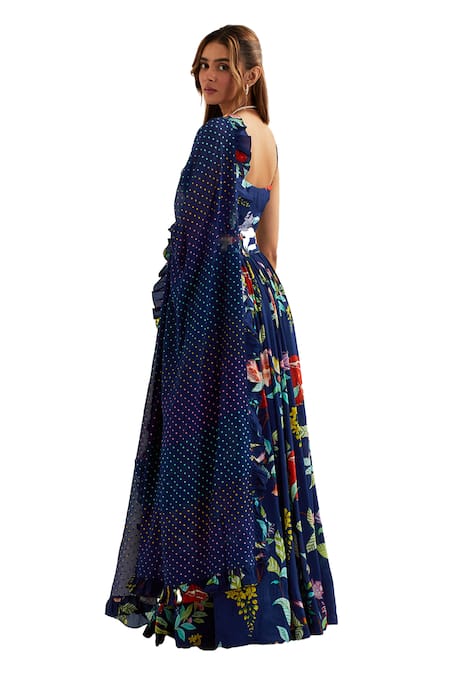 Shop_Label Earthen_Blue Organza, Silk Sweetheart Neck Heze Botanic Pattern Lehenga Set 