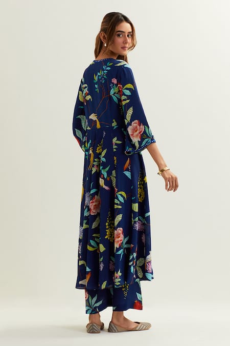 Shop Label Earthen Blue Viscose, Crepe, Silk Mirrors, Irena Botanica Pattern Anarkali With Pant at Aza Fashions Shop_Label Earthen_Blue Viscose, Crepe, Silk Mirrors, Irena Botanica Pattern Anarkali With Pant _at_Aza_Fashions
