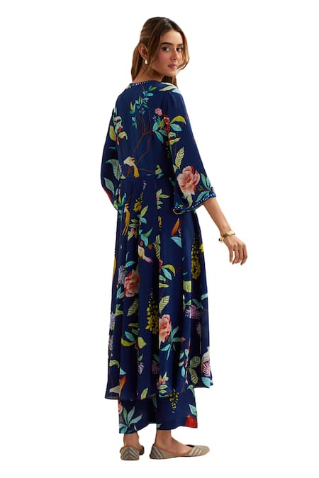 Label Earthen Blue Viscose, Crepe, Silk Mirrors, Irena Botanica Pattern Anarkali With Pant Online at Aza Fashions Label Earthen_Blue Viscose, Crepe, Silk Mirrors, Irena Botanica Pattern Anarkali With Pant _Online_at_Aza_Fashions
