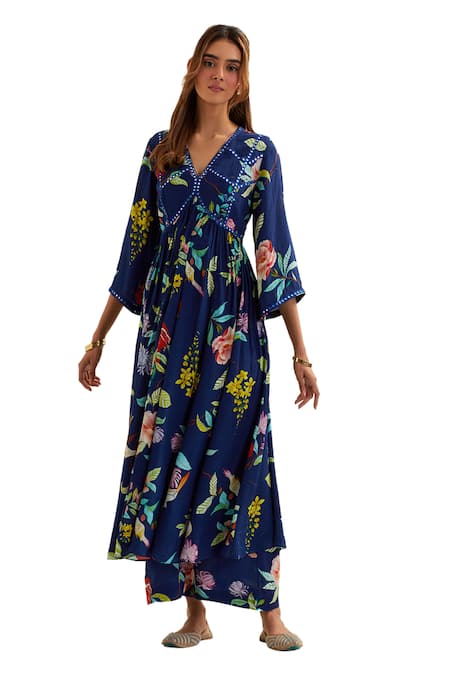 Shop Label Earthen Blue Viscose, Crepe, Silk Mirrors, Irena Botanica Pattern Anarkali With Pant Online at Aza Fashions Shop_Label Earthen_Blue Viscose, Crepe, Silk Mirrors, Irena Botanica Pattern Anarkali With Pant _Online_at_Aza_Fashions