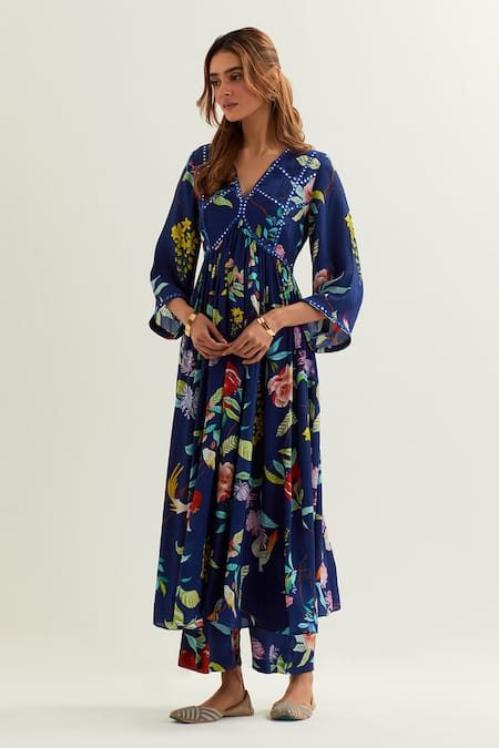 Buy Label Earthen Blue Viscose, Crepe, Silk Mirrors, Irena Botanica Pattern Anarkali With Pant Buy_Label Earthen_Blue Viscose, Crepe, Silk Mirrors, Irena Botanica Pattern Anarkali With Pant