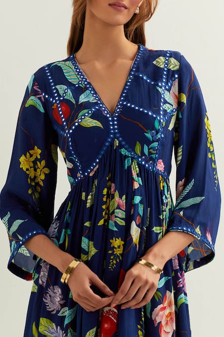 Shop Label Earthen Blue Viscose, Crepe, Silk Mirrors, Irena Botanica Pattern Anarkali With Pant Shop_Label Earthen_Blue Viscose, Crepe, Silk Mirrors, Irena Botanica Pattern Anarkali With Pant