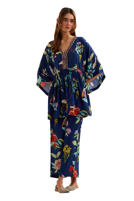 Shop Label Earthen Blue Viscose, Silk Embroidery V-neck Izar Floral Pattern Short Kaftan With Pant Online at Aza Fashions Shop_Label Earthen_Blue Viscose, Silk Embroidery V-neck Izar Floral Pattern Short Kaftan With Pant _Online_at_Aza_Fashions