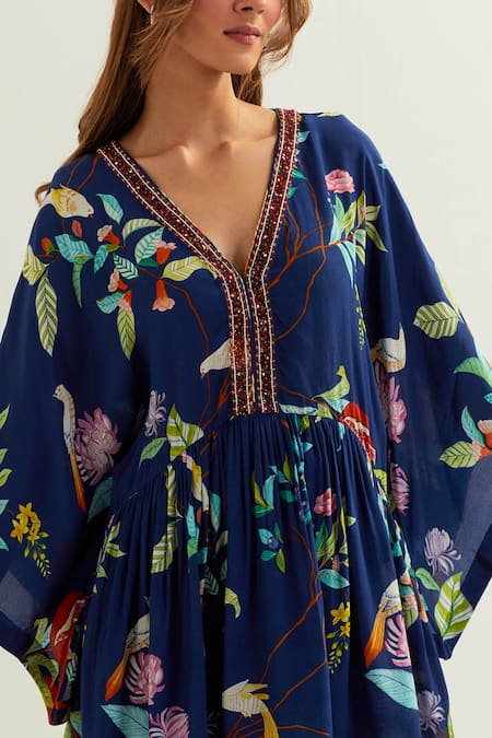 Shop Label Earthen Blue Viscose, Silk Embroidery V-neck Izar Floral Pattern Short Kaftan With Pant Shop_Label Earthen_Blue Viscose, Silk Embroidery V-neck Izar Floral Pattern Short Kaftan With Pant