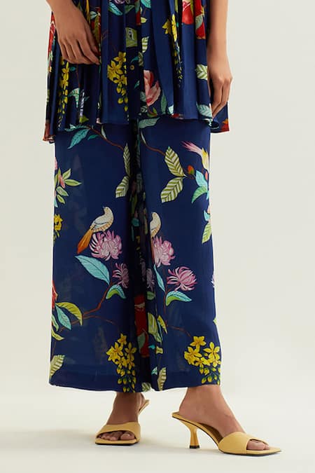 Buy Label Earthen Blue Viscose, Silk Collared Keid Floral Pattern Tunic Pant Co-ord Set Online at Aza Fashions Buy_Label Earthen_Blue Viscose, Silk Collared Keid Floral Pattern Tunic Pant Co-ord Set _Online_at_Aza_Fashions