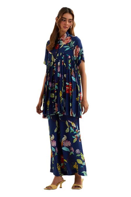 Shop Label Earthen Blue Viscose, Silk Collared Keid Floral Pattern Tunic Pant Co-ord Set Online at Aza Fashions Shop_Label Earthen_Blue Viscose, Silk Collared Keid Floral Pattern Tunic Pant Co-ord Set _Online_at_Aza_Fashions