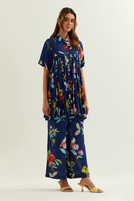 Buy Label Earthen Blue Viscose, Silk Collared Keid Floral Pattern Tunic Pant Co-ord Set Buy_Label Earthen_Blue Viscose, Silk Collared Keid Floral Pattern Tunic Pant Co-ord Set
