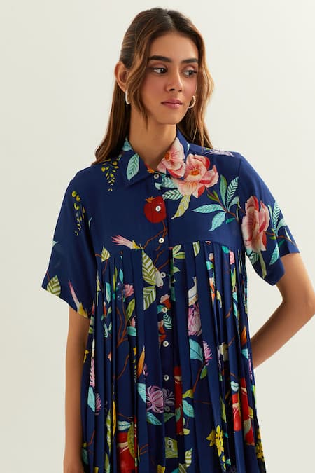 Shop Label Earthen Blue Viscose, Silk Collared Keid Floral Pattern Tunic Pant Co-ord Set Shop_Label Earthen_Blue Viscose, Silk Collared Keid Floral Pattern Tunic Pant Co-ord Set