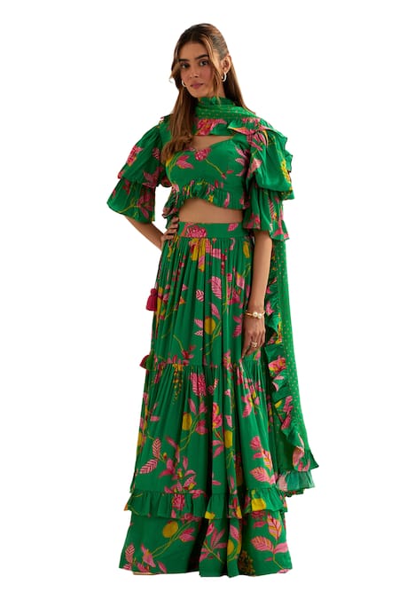 Label Earthen_Green Organza, Silk, Viscose Embroidery Anaira Flared Lehenga Blouse Set _Online_at_Aza_Fashions
