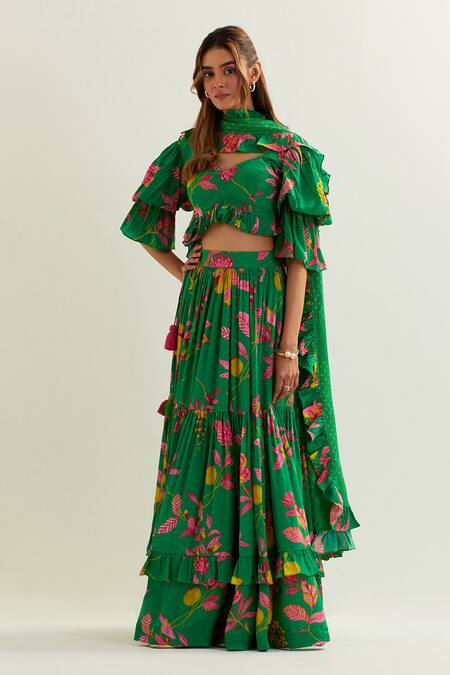 Buy_Label Earthen_Green Organza, Silk, Viscose Embroidery Anaira Flared Lehenga Blouse Set _Online_at_Aza_Fashions