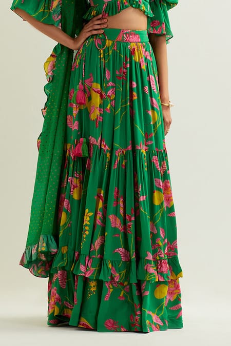 Shop_Label Earthen_Green Organza, Silk, Viscose Embroidery Anaira Flared Lehenga Blouse Set _Online_at_Aza_Fashions