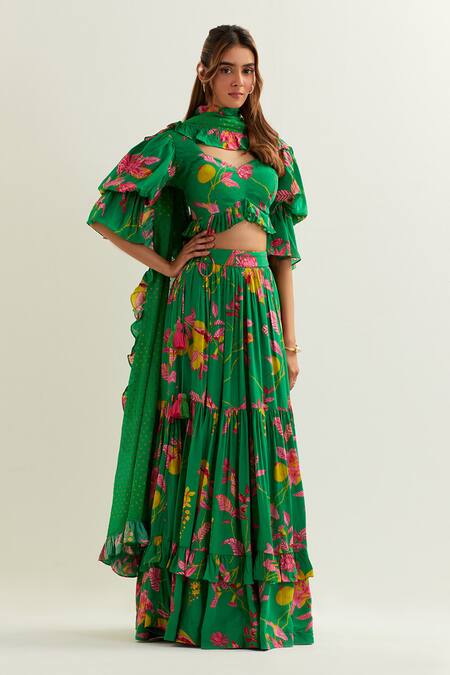 Label Earthen_Green Organza, Silk, Viscose Embroidery Anaira Flared Lehenga Blouse Set _at_Aza_Fashions