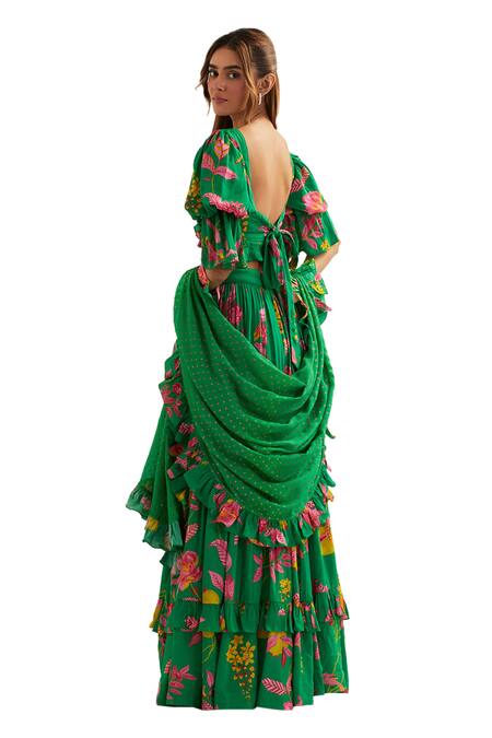 Shop_Label Earthen_Green Organza, Silk, Viscose Embroidery Anaira Flared Lehenga Blouse Set 