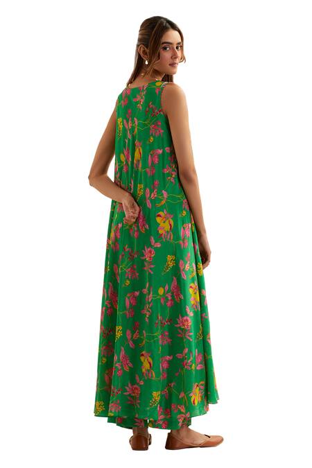Label Earthen Green Viscose, Silk Embroidery, Beads V-neck Floral Pattern Anarkali With Pant Online at Aza Fashions Label Earthen_Green Viscose, Silk Embroidery, Beads V-neck Floral Pattern Anarkali With Pant _Online_at_Aza_Fashions