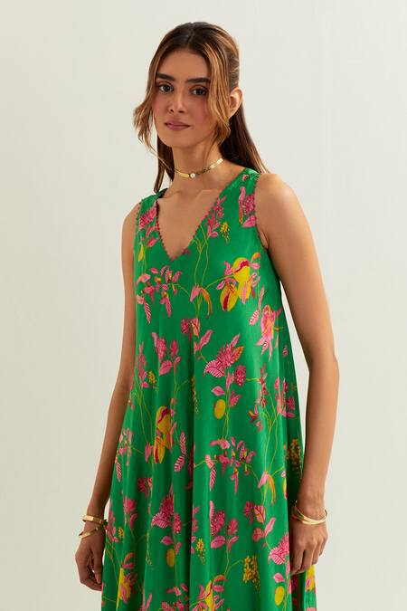 Shop Label Earthen Green Viscose, Silk Embroidery, Beads V-neck Floral Pattern Anarkali With Pant Online at Aza Fashions Shop_Label Earthen_Green Viscose, Silk Embroidery, Beads V-neck Floral Pattern Anarkali With Pant _Online_at_Aza_Fashions