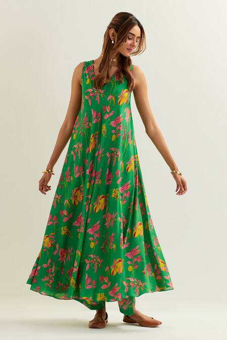 Label Earthen Green Viscose, Silk Embroidery, Beads V-neck Floral Pattern Anarkali With Pant at Aza Fashions Label Earthen_Green Viscose, Silk Embroidery, Beads V-neck Floral Pattern Anarkali With Pant _at_Aza_Fashions