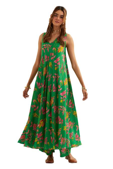Buy Label Earthen Green Viscose, Silk Embroidery, Beads V-neck Floral Pattern Anarkali With Pant Buy_Label Earthen_Green Viscose, Silk Embroidery, Beads V-neck Floral Pattern Anarkali With Pant