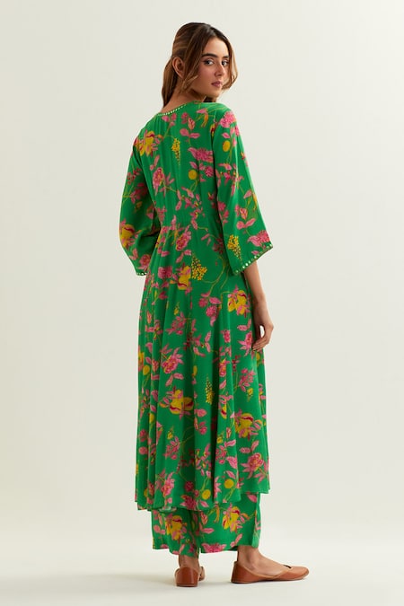 Shop Label Earthen Green Viscose, Crepe, Silk Embroidery, Heze Floral Pattern Anarkali With Pant at Aza Fashions Shop_Label Earthen_Green Viscose, Crepe, Silk Embroidery, Heze Floral Pattern Anarkali With Pant _at_Aza_Fashions