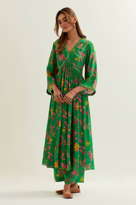 Shop Label Earthen Green Viscose, Crepe, Silk Embroidery, Heze Floral Pattern Anarkali With Pant Online at Aza Fashions Shop_Label Earthen_Green Viscose, Crepe, Silk Embroidery, Heze Floral Pattern Anarkali With Pant _Online_at_Aza_Fashions