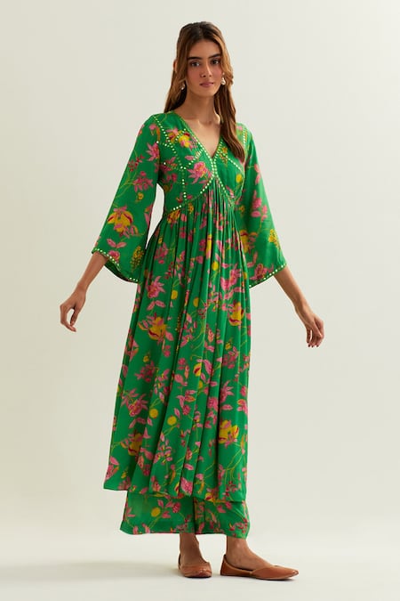 Buy Label Earthen Green Viscose, Crepe, Silk Embroidery, Heze Floral Pattern Anarkali With Pant Buy_Label Earthen_Green Viscose, Crepe, Silk Embroidery, Heze Floral Pattern Anarkali With Pant