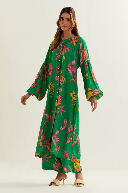 Buy Label Earthen Green Viscose, Crepe, Silk Embroidery Round Imai Floral Pattern Kurta With Pant Buy_Label Earthen_Green Viscose, Crepe, Silk Embroidery Round Imai Floral Pattern Kurta With Pant