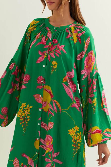 Shop Label Earthen Green Viscose, Crepe, Silk Embroidery Round Imai Floral Pattern Kurta With Pant Shop_Label Earthen_Green Viscose, Crepe, Silk Embroidery Round Imai Floral Pattern Kurta With Pant