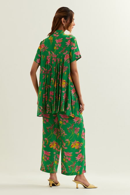 Shop Label Earthen Green Viscose, Silk Embroidery Rene Floral Pattern Pleated Tunic With Pant at Aza Fashions Shop_Label Earthen_Green Viscose, Silk Embroidery Rene Floral Pattern Pleated Tunic With Pant _at_Aza_Fashions