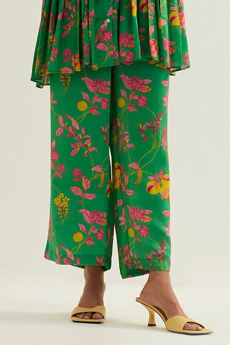 Buy Label Earthen Green Viscose, Silk Embroidery Rene Floral Pattern Pleated Tunic With Pant Online at Aza Fashions Buy_Label Earthen_Green Viscose, Silk Embroidery Rene Floral Pattern Pleated Tunic With Pant _Online_at_Aza_Fashions