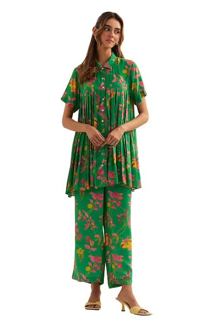 Shop Label Earthen Green Viscose, Silk Embroidery Rene Floral Pattern Pleated Tunic With Pant Online at Aza Fashions Shop_Label Earthen_Green Viscose, Silk Embroidery Rene Floral Pattern Pleated Tunic With Pant _Online_at_Aza_Fashions
