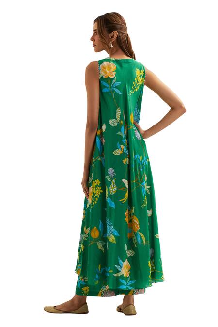 Label Earthen Green Viscose, Crepe, Silk Beads V-neck Myra Floral Pattern Anarkali With Pant Online at Aza Fashions Label Earthen_Green Viscose, Crepe, Silk Beads V-neck Myra Floral Pattern Anarkali With Pant _Online_at_Aza_Fashions