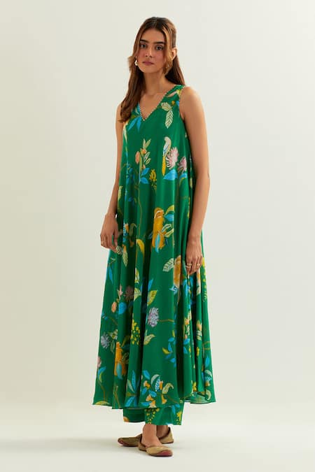 Label Earthen Green Viscose, Crepe, Silk Beads V-neck Myra Floral Pattern Anarkali With Pant at Aza Fashions Label Earthen_Green Viscose, Crepe, Silk Beads V-neck Myra Floral Pattern Anarkali With Pant _at_Aza_Fashions