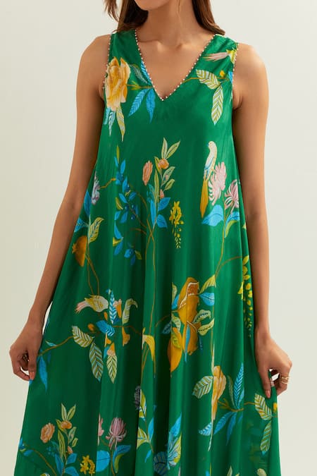 Buy Label Earthen Green Viscose, Crepe, Silk Beads V-neck Myra Floral Pattern Anarkali With Pant Buy_Label Earthen_Green Viscose, Crepe, Silk Beads V-neck Myra Floral Pattern Anarkali With Pant