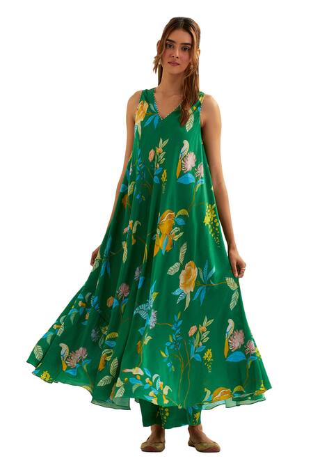 Shop Label Earthen Green Viscose, Crepe, Silk Beads V-neck Myra Floral Pattern Anarkali With Pant Shop_Label Earthen_Green Viscose, Crepe, Silk Beads V-neck Myra Floral Pattern Anarkali With Pant