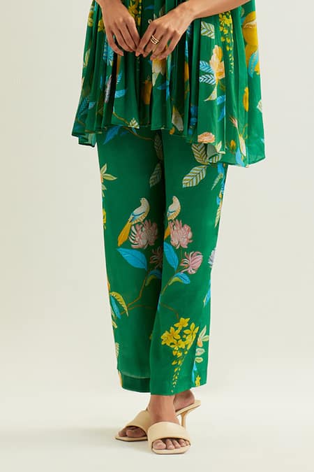 Shop_Label Earthen_Green Viscose, Silk Collared Rana Botanical Pattern Pleated Tunic With Pant _Online_at_Aza_Fashions