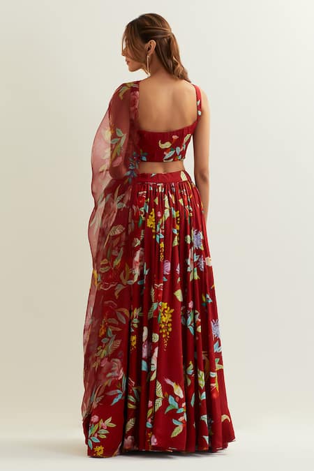 Shop Label Earthen Red Organza, Silk, Viscose Embroidery Luna Botanic Blossom Print Lehenga Set at Aza Fashions Shop_Label Earthen_Red Organza, Silk, Viscose Embroidery Luna Botanic Blossom Print Lehenga Set _at_Aza_Fashions