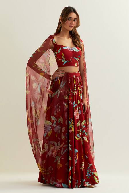 Label Earthen Red Organza, Silk, Viscose Embroidery Luna Botanic Blossom Print Lehenga Set Online at Aza Fashions Label Earthen_Red Organza, Silk, Viscose Embroidery Luna Botanic Blossom Print Lehenga Set _Online_at_Aza_Fashions