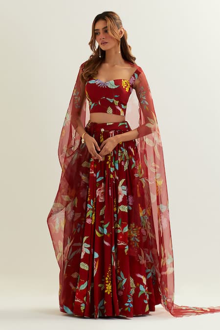 Buy Label Earthen Red Organza, Silk, Viscose Embroidery Luna Botanic Blossom Print Lehenga Set Online at Aza Fashions Buy_Label Earthen_Red Organza, Silk, Viscose Embroidery Luna Botanic Blossom Print Lehenga Set _Online_at_Aza_Fashions