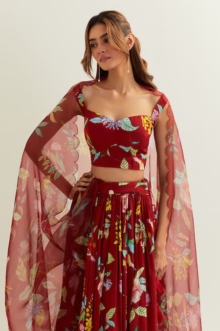 Shop Label Earthen Red Organza, Silk, Viscose Embroidery Luna Botanic Blossom Print Lehenga Set Online at Aza Fashions Shop_Label Earthen_Red Organza, Silk, Viscose Embroidery Luna Botanic Blossom Print Lehenga Set _Online_at_Aza_Fashions