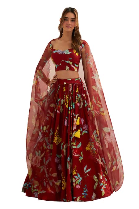 Buy Label Earthen Red Organza, Silk, Viscose Embroidery Luna Botanic Blossom Print Lehenga Set Buy_Label Earthen_Red Organza, Silk, Viscose Embroidery Luna Botanic Blossom Print Lehenga Set