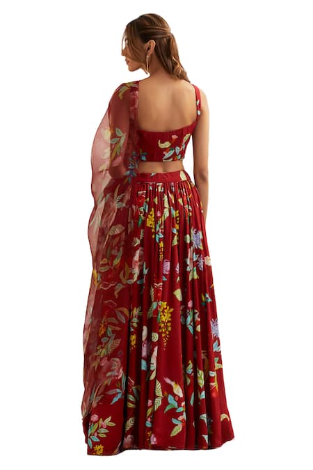 Shop Label Earthen Red Organza, Silk, Viscose Embroidery Luna Botanic Blossom Print Lehenga Set Shop_Label Earthen_Red Organza, Silk, Viscose Embroidery Luna Botanic Blossom Print Lehenga Set