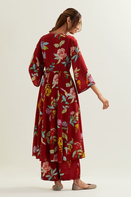 Shop Label Earthen Red Viscose, Silk Mirrors V-neck Mago Botanic Blossom Print Anarkali With Pant at Aza Fashions Shop_Label Earthen_Red Viscose, Silk Mirrors V-neck Mago Botanic Blossom Print Anarkali With Pant _at_Aza_Fashions