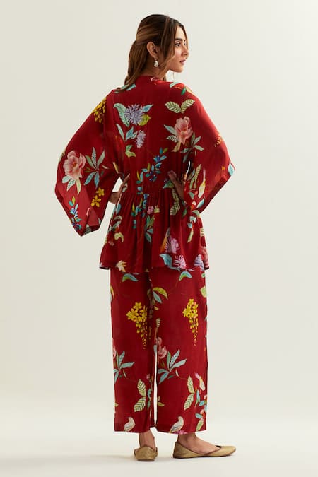 Shop Label Earthen Red Viscose, Silk Embroidery V-neck Botanic Blossom Print Kaftan And Flared Pant at Aza Fashions Shop_Label Earthen_Red Viscose, Silk Embroidery V-neck Botanic Blossom Print Kaftan And Flared Pant _at_Aza_Fashions