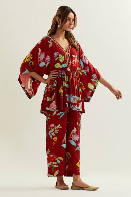 Buy Label Earthen Red Viscose, Silk Embroidery V-neck Botanic Blossom Print Kaftan And Flared Pant Online at Aza Fashions Buy_Label Earthen_Red Viscose, Silk Embroidery V-neck Botanic Blossom Print Kaftan And Flared Pant _Online_at_Aza_Fashions