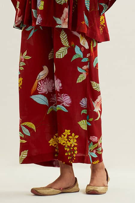 Shop Label Earthen Red Viscose, Silk Embroidery V-neck Botanic Blossom Print Kaftan And Flared Pant Online at Aza Fashions Shop_Label Earthen_Red Viscose, Silk Embroidery V-neck Botanic Blossom Print Kaftan And Flared Pant _Online_at_Aza_Fashions