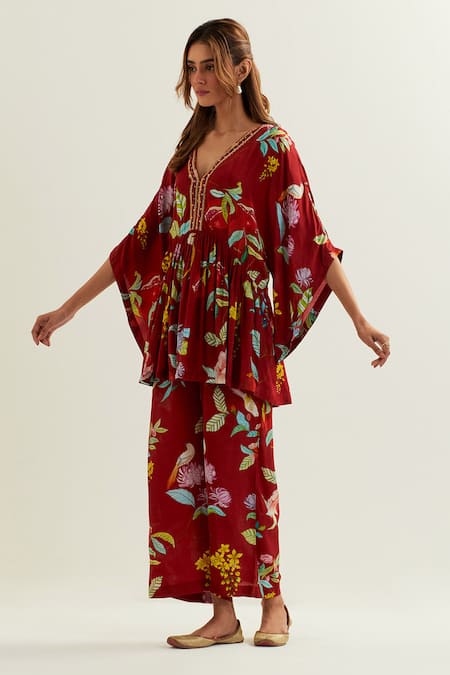 Label Earthen Red Viscose, Silk Embroidery V-neck Botanic Blossom Print Kaftan And Flared Pant at Aza Fashions Label Earthen_Red Viscose, Silk Embroidery V-neck Botanic Blossom Print Kaftan And Flared Pant _at_Aza_Fashions