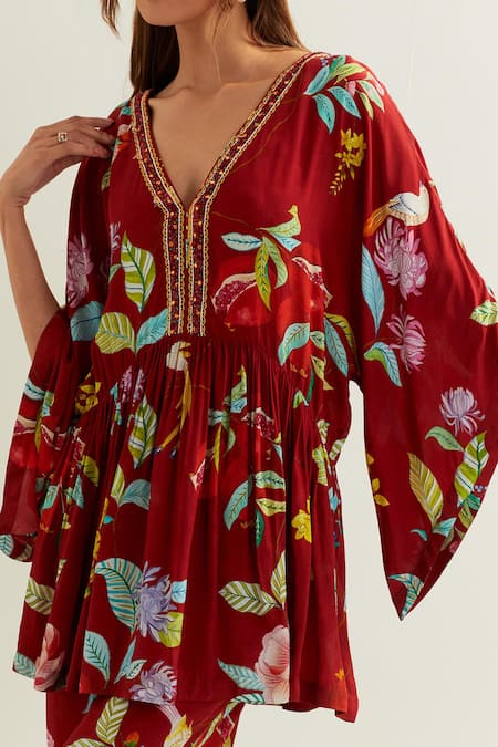 Buy Label Earthen Red Viscose, Silk Embroidery V-neck Botanic Blossom Print Kaftan And Flared Pant Buy_Label Earthen_Red Viscose, Silk Embroidery V-neck Botanic Blossom Print Kaftan And Flared Pant