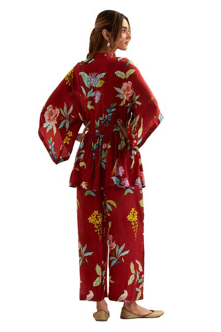 Shop Label Earthen Red Viscose, Silk Embroidery V-neck Botanic Blossom Print Kaftan And Flared Pant Shop_Label Earthen_Red Viscose, Silk Embroidery V-neck Botanic Blossom Print Kaftan And Flared Pant