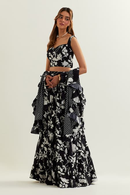 Label Earthen Black Viscose, Silk Embroidery, Ruffles Mimosa Musk Blossom Print Lehenga Set Online at Aza Fashions Label Earthen_Black Viscose, Silk Embroidery, Ruffles Mimosa Musk Blossom Print Lehenga Set _Online_at_Aza_Fashions