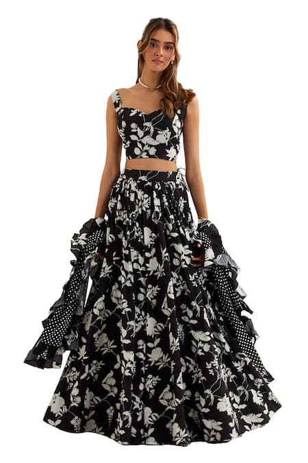 Buy Label Earthen Black Viscose, Silk Embroidery, Ruffles Mimosa Musk Blossom Print Lehenga Set Online at Aza Fashions Buy_Label Earthen_Black Viscose, Silk Embroidery, Ruffles Mimosa Musk Blossom Print Lehenga Set _Online_at_Aza_Fashions