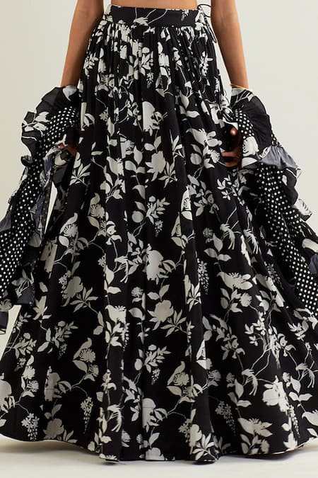 Shop Label Earthen Black Viscose, Silk Embroidery, Ruffles Mimosa Musk Blossom Print Lehenga Set Online at Aza Fashions Shop_Label Earthen_Black Viscose, Silk Embroidery, Ruffles Mimosa Musk Blossom Print Lehenga Set _Online_at_Aza_Fashions